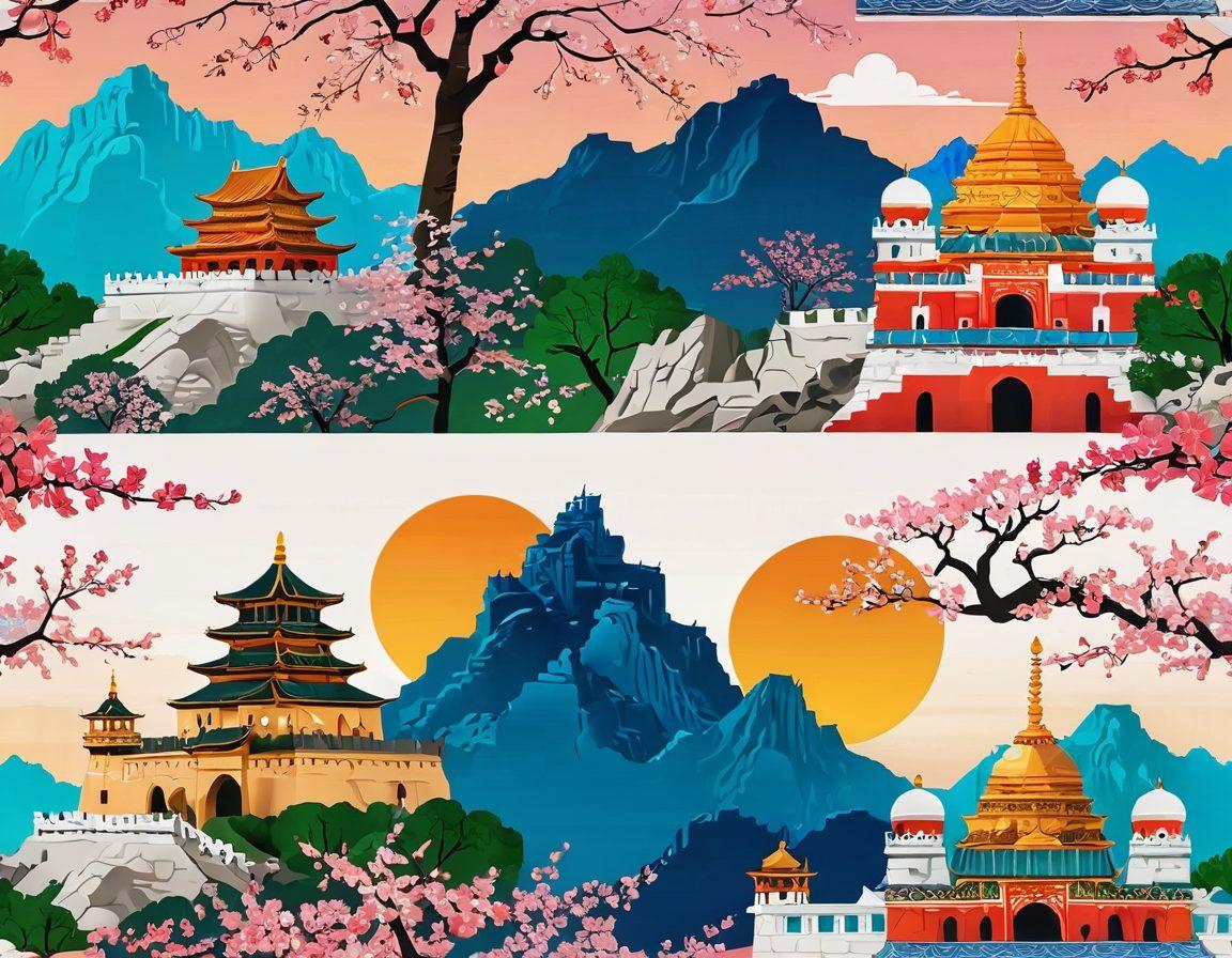 A vibrant collage showcasing iconic Asian landmarks like the Great Wall of China, the Taj Mahal, and cherry blossoms, intertwined with delicious street food scenes featuring colorful dishes like dim sum, sushi, and pho. The atmosphere should feel inviting and adventurous, reflecting the rich culture and diversity of Asia. Include subtle details like a warm sunset and smiling travelers to enhance the sense of exploration. 3D. vibrant colors. white background.