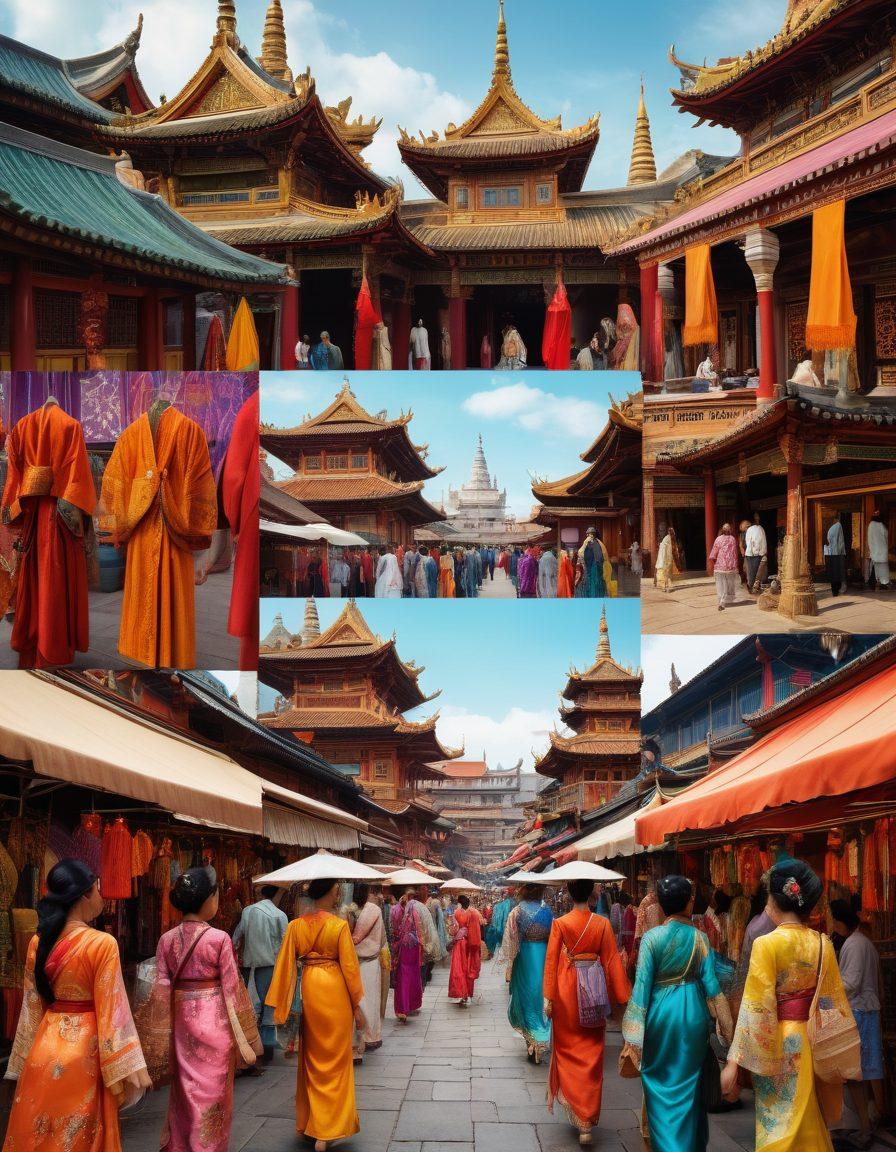 A vibrant collage featuring a traditional Asian market with colorful textiles, a bustling street filled with diverse travelers, and elements of rich cultural heritage like ornate temples and traditional festivals. Include fashion details like elegant silk garments and ornate accessories, melding travel explorations with cultural symbols. The setting should evoke a sense of adventure and unity in diversity. vibrant colors. 3D.