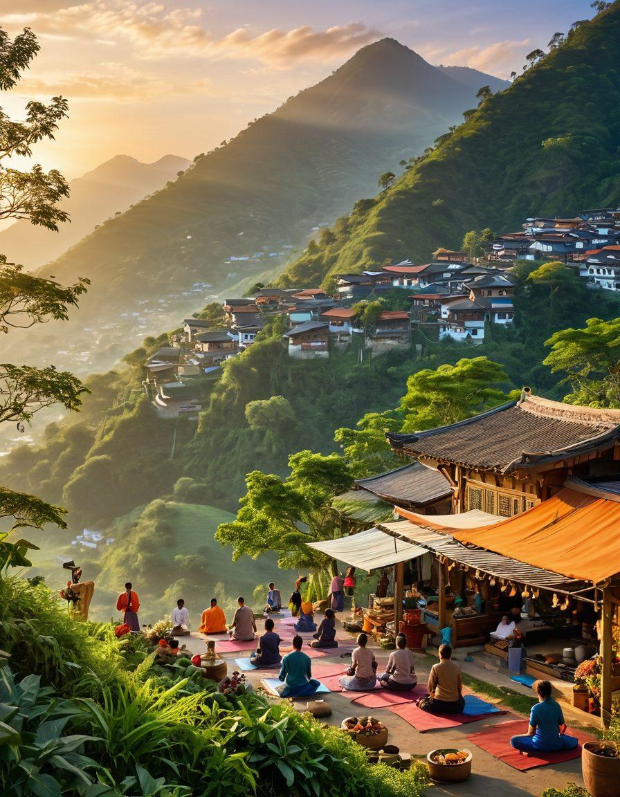 A serene landscape of lush green hills in Asia with a warm sunrise illuminating the scene, featuring a diverse group of happy individuals engaged in community activities such as meditation and yoga. In the foreground, a small vibrant market showcasing local crafts and foods, emphasizing cultural connection. Gentle colors reflecting harmony and wellbeing. super-realistic. vibrant colors. soft lighting.